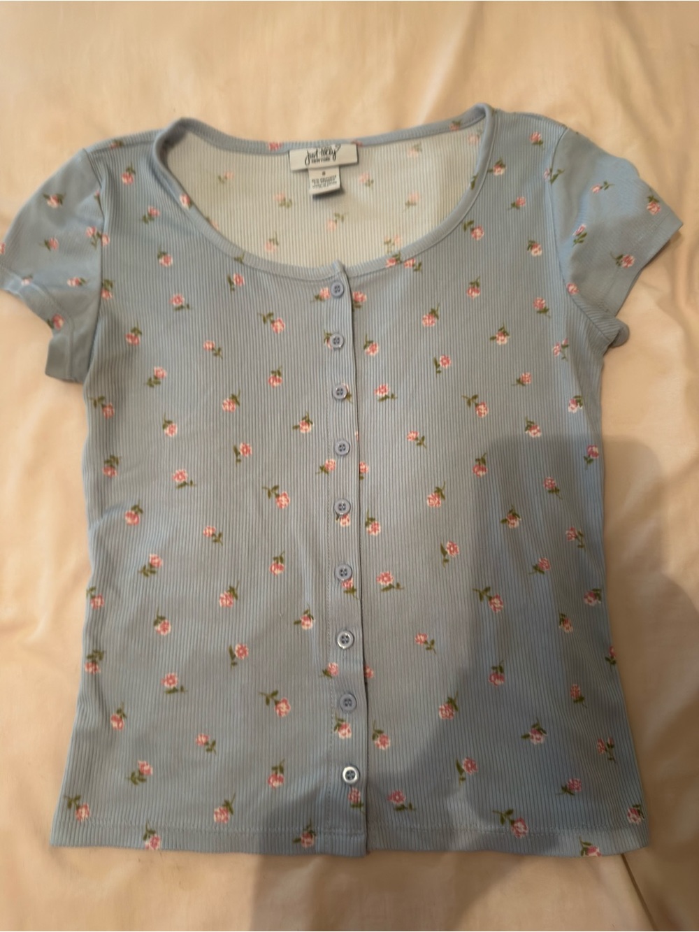 Justice Light Blue Ribbed Button-Front Floral Tee